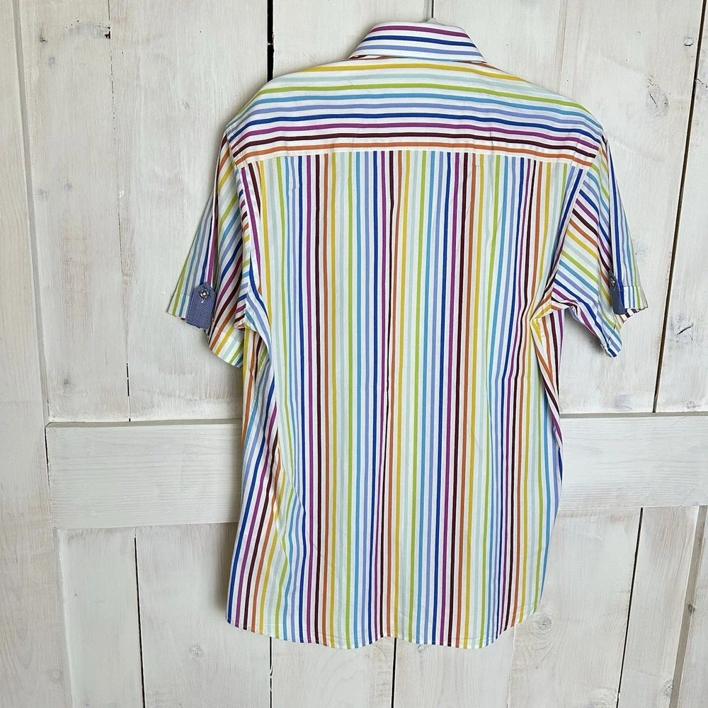 Jared Lang Short Sleeve Large Rainbow Striped Button Up 100%  Luxury Cotton Sz L - Picture 6 of 9